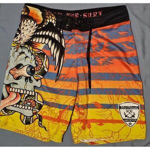 Vintage Y2k Ed Hardy Board Shorts‎ Mens 36 Skull Striped Drawstring Yellow